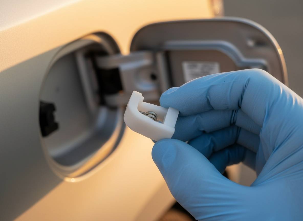 Közeli kép a Suzuki Ignis tankajtó patent cseréjéről (Wagon R-hez is) – az új gyári műanyag ütköző beillesztése kesztyűs kézzel, elmosott tanknyílás háttérrel.