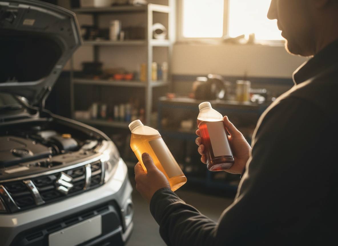 Suzuki karbantartás dilemmája: autótulajdonos két motorolaj között a Suzuki Vitara motorterénél, bizonytalan választás előtt