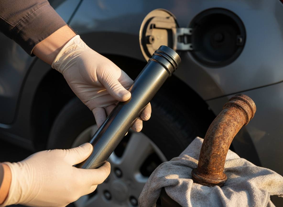 Közeli kép a Suzuki tankbeöntő cső cseréjéről (Ignis, Wagon R, Swift): kesztyűs kézben az új, bevonatos beöntőcső, mellette a rozsdás régi, háttérben a hátsó sárvédő környéke.