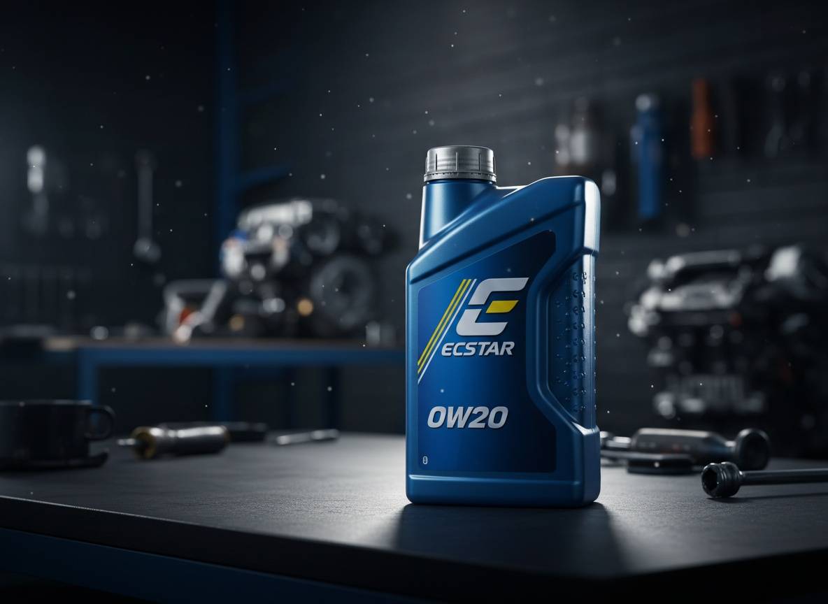 Prémium termékfotó a Suzuki gyári ECSTAR 0W20 motorolaj flakonról sötét munkapadon, modern műhely hátterével.