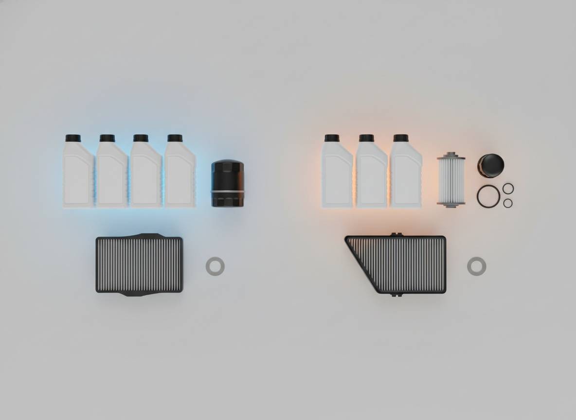 Suzuki Vitara / S-Cross olajcsere szett 1.6 vs 1.4 összehasonlító felülnézeti kép, stúdióháttéren olajokkal és szűrőkkel.