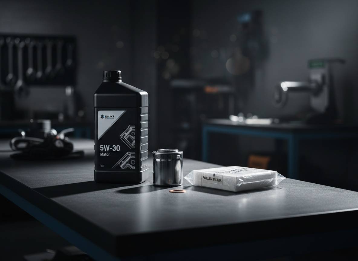 Prémium termékfotó egy suzuki ignis olajcsere szett pollenszűrővel csomagról: 5W-30 motorolaj, olajszűrő, pollenszűrő és leeresztő alátét sötét műhelyasztalon, filmszerű megvilágítással.