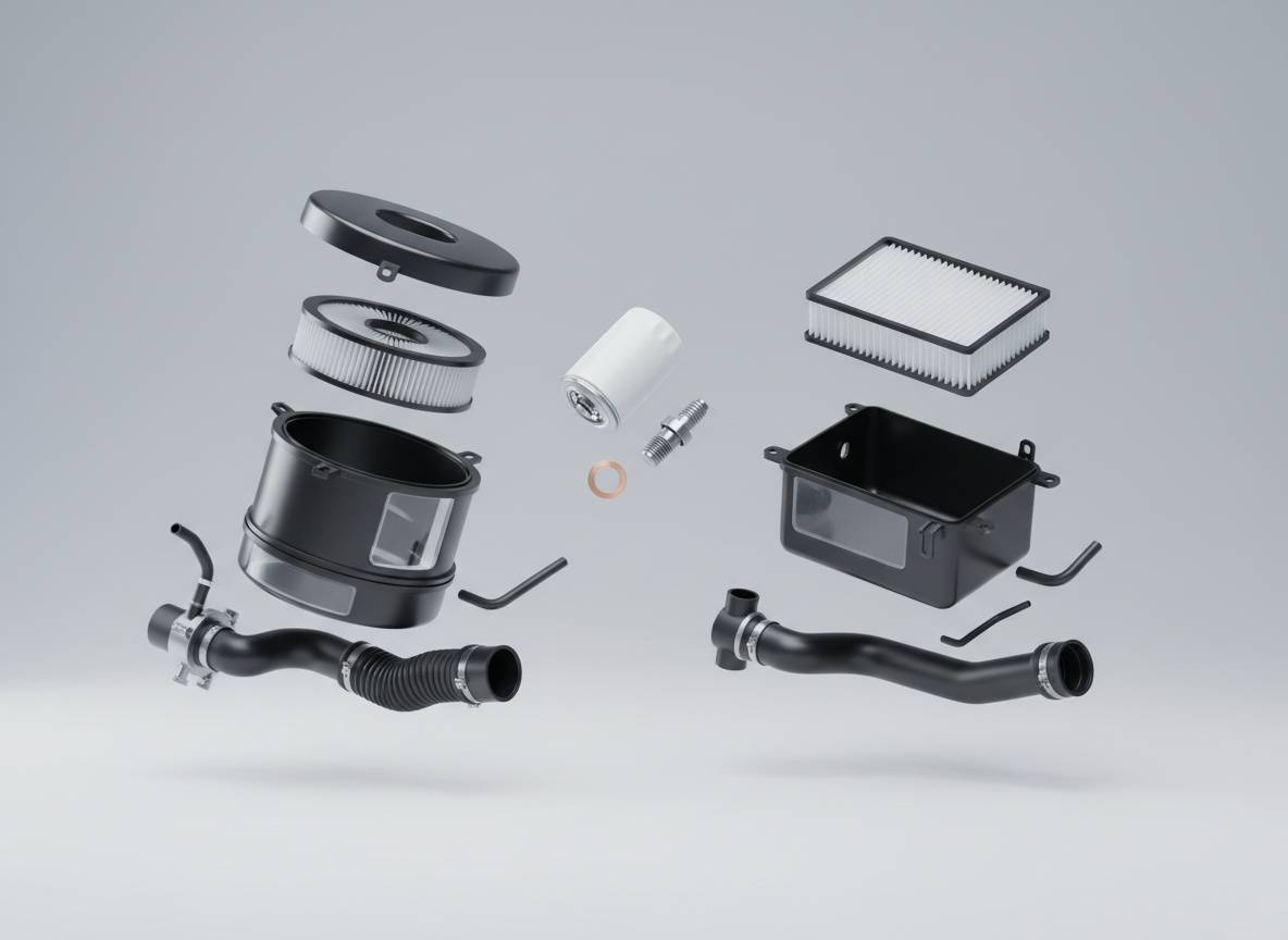 3D robbantott ábra a Suzuki Swift 1.3 G13BA (8 szelepes) és G13BB (16 szelepes) levegőszűrő- és szívórendszeréről, olajcsere-szett elemekkel