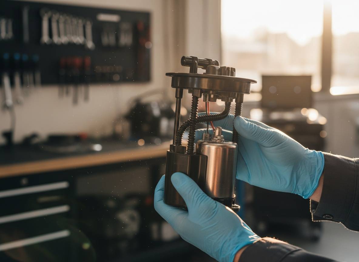 SEO barát leírás: 'Közeli kép a Suzuki Swift AC pumpa (üzemanyagszivattyú) beszereléséről – kesztyűs kezek tartják az új in-tank egységet, elmosódott műhelyháttérrel.'