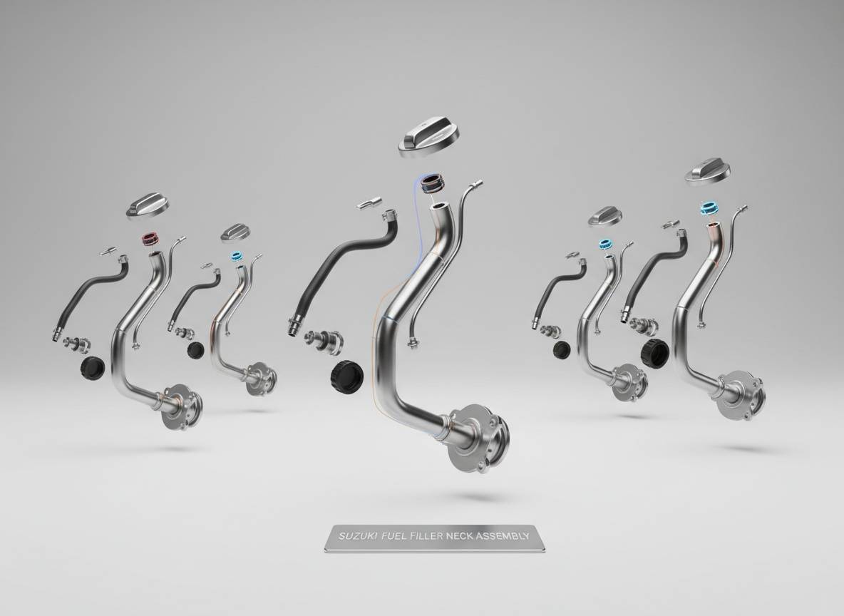 3D robbantott ábra egy Suzuki benzinbeöntő cső (Ignis, Wagon R, Swift ’90–03, Swift ’05–10) szerkezetéről