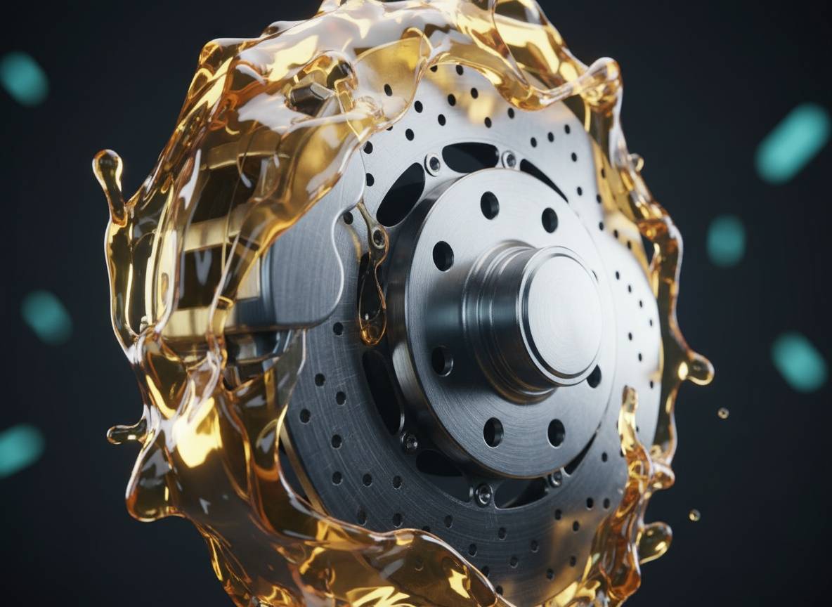 Absztrakt védelmi ábrázolás: fénylő folyadékpajzs öleli körül egy Suzuki féktárcsát és dugattyút – suzuki fékfolyadék csere, megelőzés és biztonság.