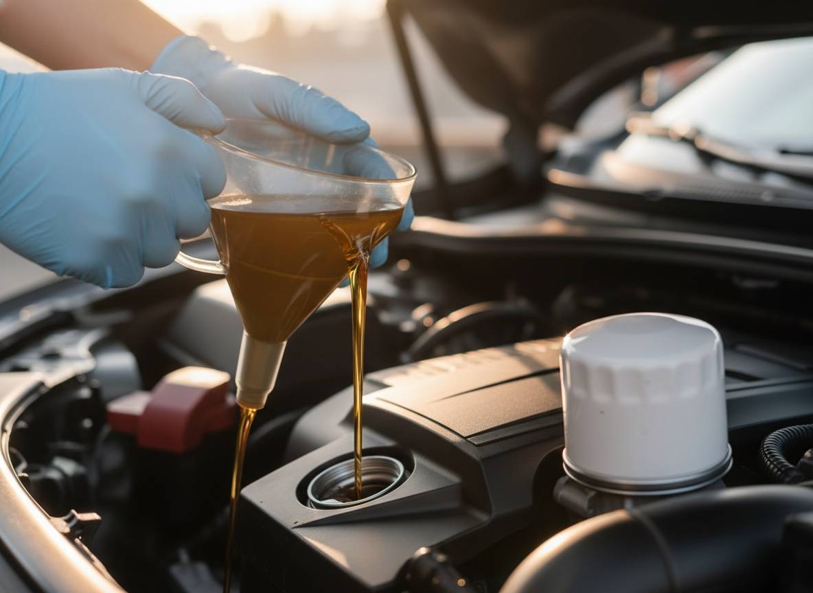 Közeli kép a Suzuki Ignis olajcseréjéről: kesztyűs kéz tölti be a friss motorolajat tölcséren át, új olajszűrő az előtérben – 10W40 vagy 5W40 döntéshez.