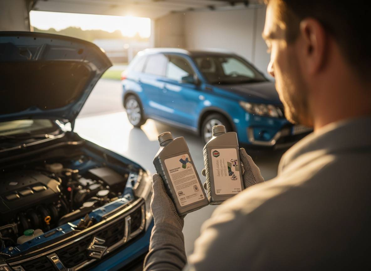 Tanácstalan autótulajdonos olajcsere szett választás előtt a Suzuki Vitara nyitott motorterénél, over-the-shoulder nézet.