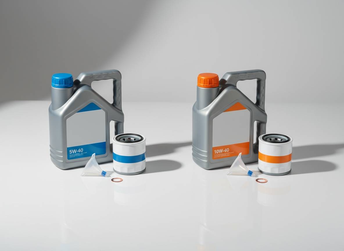 Suzuki Swift 10W40 vagy 5W40 olaj – olajcsere szett összehasonlító flatlay, két olajoskannával, olajszűrővel és alátéttel, világos stúdióháttéren.
