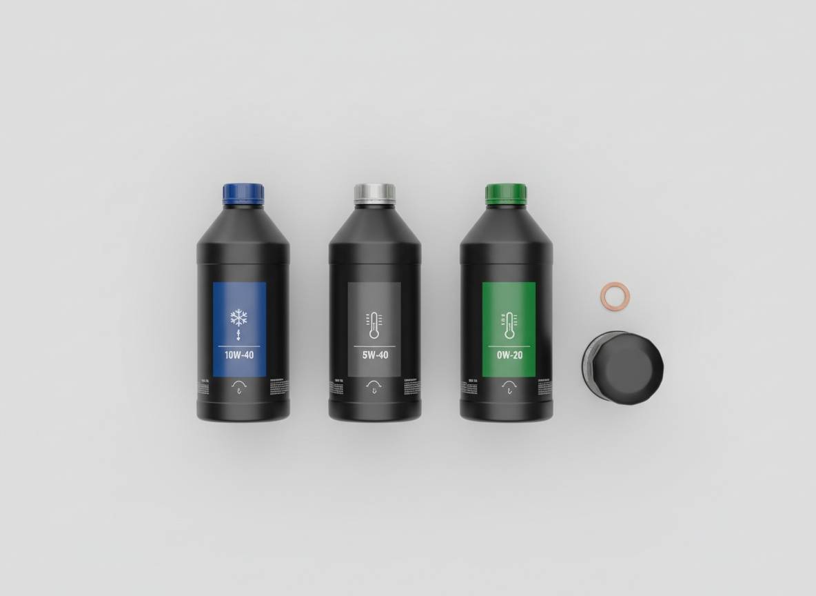Suzuki Swift 2005 olajcsere típus összehasonlító flatlay: három motorolaj (10W-40, 5W-40, 0W-20) olajszűrővel, világos stúdióháttéren.