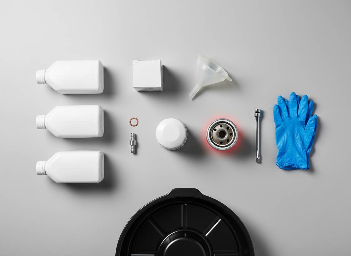 suzuki vitara 1.6 olajcsere házilag készlet flatlay: motorolaj palackok, új és használt olajszűrő, leeresztő csavar és alátét, tölcsér, szerszámok, világos stúdióháttér