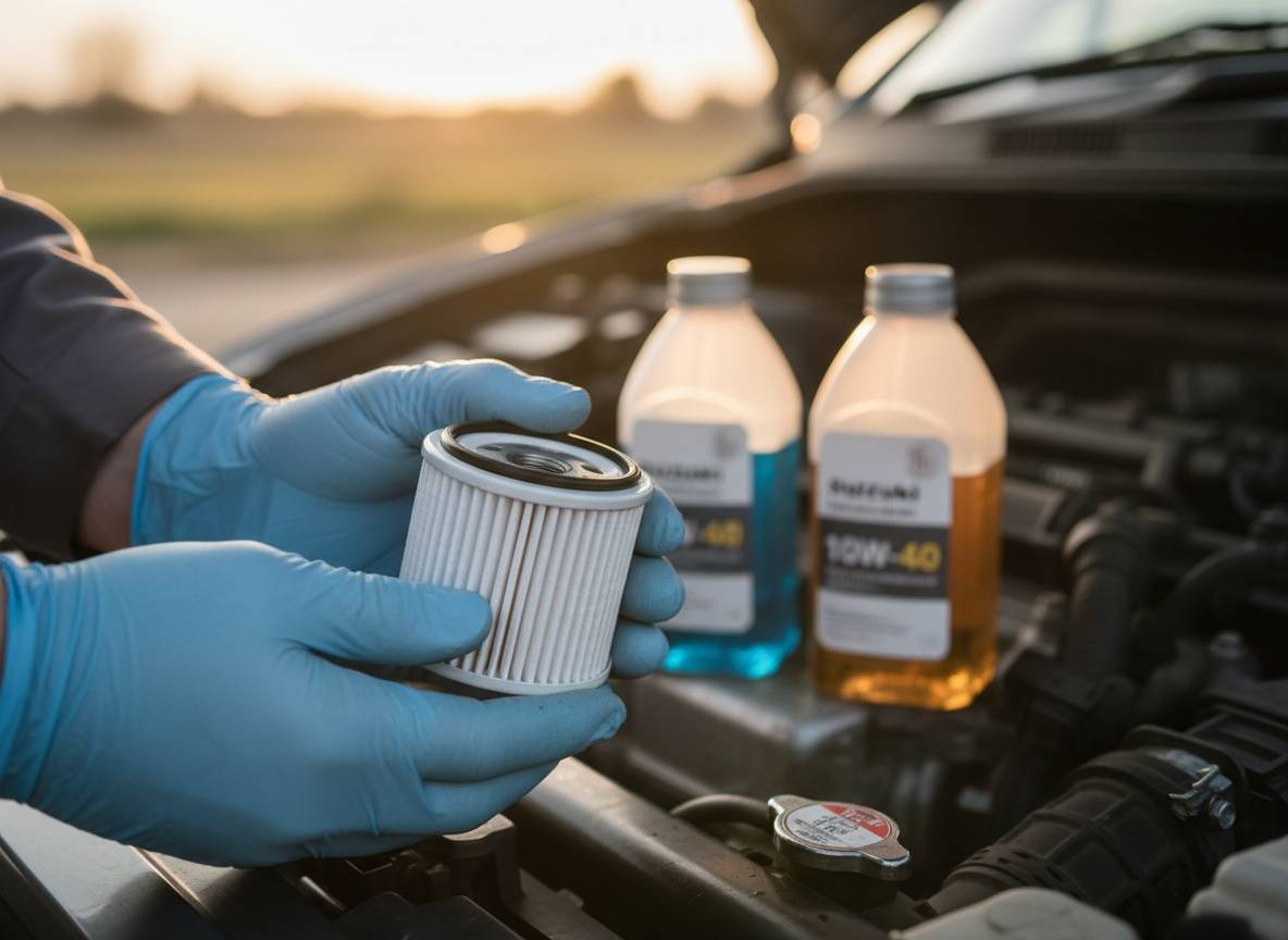 Közeli kép a Suzuki Wagon R 1.3 (G13BB) olajszűrő beszereléséről – új szűrő kesztyűs kézben, háttérben két, feliratozás nélküli 10W-40 olajpalack (Mannol vs Eneos összevetéséhez).